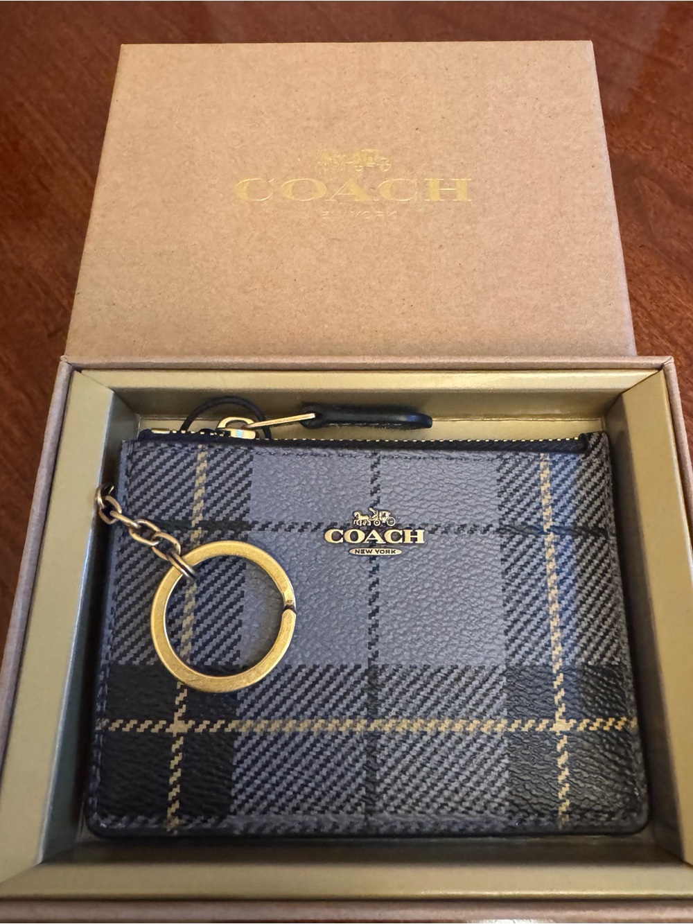 Coach Wallet Mini Skinny ID Case Plaid Coach With Gold Key Ring **NIB**